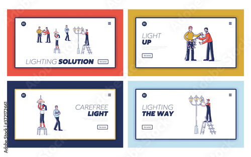 Set of landing pages with people change light bulbs in garland, street light and at home