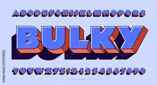An Ultra Fat and Bulky Alphabet. This Font is Extra Bold and Has 3d Depth Effects and a Dark Cast Shadow. Stylish Hipster Letters with Harmonized Colors in Violets and Pastel Orange Hues and Shades.