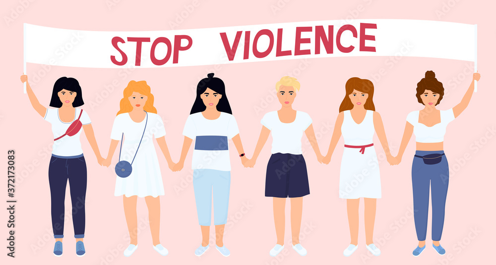 A young women hold a poster with text Stop Violence. Girls defends the interests of feminism and protects the rights of victims A young women hold a poster with text Stop Violence. Girls defends the interests of feminism and protects the rights of victims