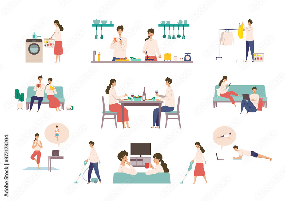 Stay at home concept. Vector illustration of a couple relaxing in their room. Stay at home concept. Vector illustration of a couple relaxing in their room.