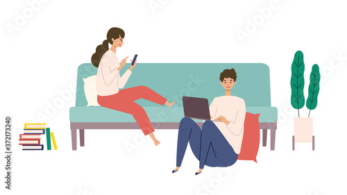 Vector illustration of a couple checking the web. Man and woman have a relaxing day off.