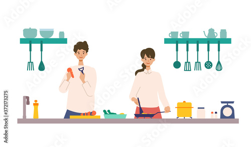Vector illustration of a couple cooking in the kitchen together. People doing housework.