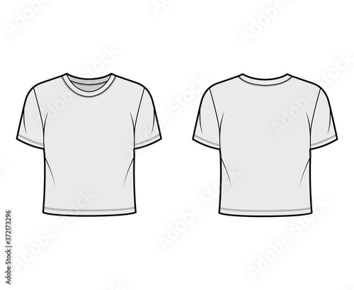 Cropped cotton-jersey t-shirt technical fashion illustration with relaxed fit, crew neckline, short sleeves. Flat outwear basic apparel template front back grey color. Women men unisex top CAD mockup