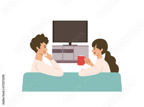 Vector illustration of a couple watching the TV. Man and woman have a relaxing day off.