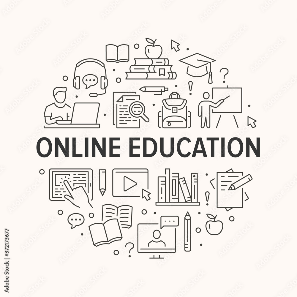 Online Education poster with line icons. Vector circle illustration for brochure included icon as student, computer, books, teacher, laptop outline pictogram for home schooling, university trainig