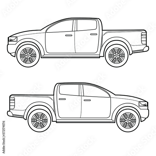 outline drawing left and right side of modern 4 wheels drive 4 doors offroad pickup truck automobile car vector illustrations