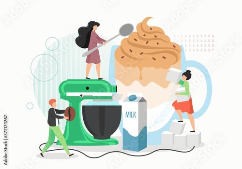 Tiny people making dalgona coffee drink, vector flat illustration
