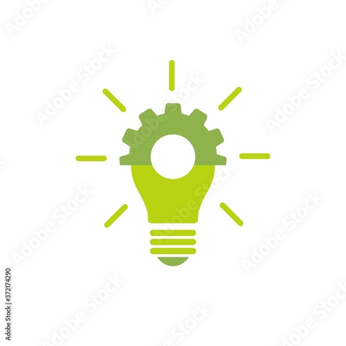 green bulb with gears and rays flat icon. Isolated on white. New business idea.
