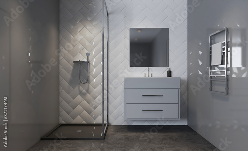Scandinavian bathroom, classic vintage interior design. 3D rendering.