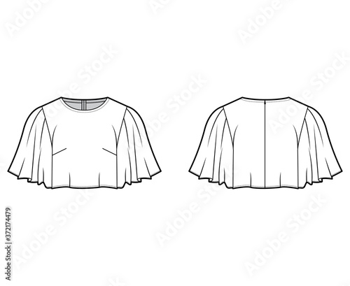 Cropped top technical fashion illustration with flare elbow circle sleeve, oversized, back concealed zip fastening. Flat apparel shirt template front, back, white color. Women men unisex blouse mockup