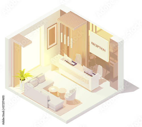 Vector isometric office or hotel lobby front desk or reception desk interior. Reception counter with receptionist workplace, sofa and armchairs for visitors