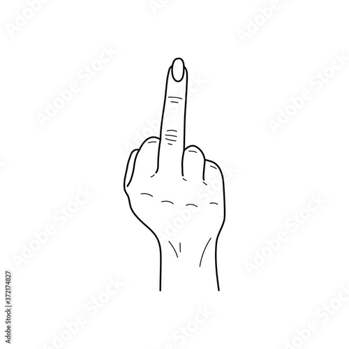 Gesture. Rude sign. Woman hand with middle finger up. Vector illustration in sketch style isolated on a white background. Making aggression signal by hands. Fuck off.