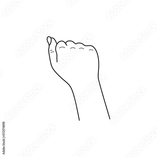 Isolated vector illustration. Clenched human hand in fist gesture. Hand drawn linear sketch. Black silhouette on white background.
