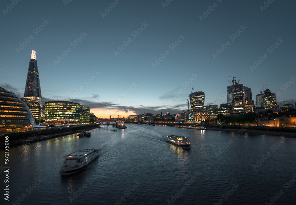 sunset in London, river Thames from Tower Bridge, UK
