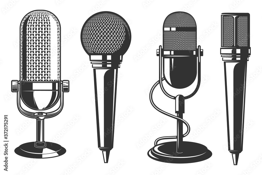 Vecteur Stock Set of illustrations of microphone in retro style . Design  element for poster, card, banner, logo, label, sign, badge, t shirt. Vector  illustration | Adobe Stock