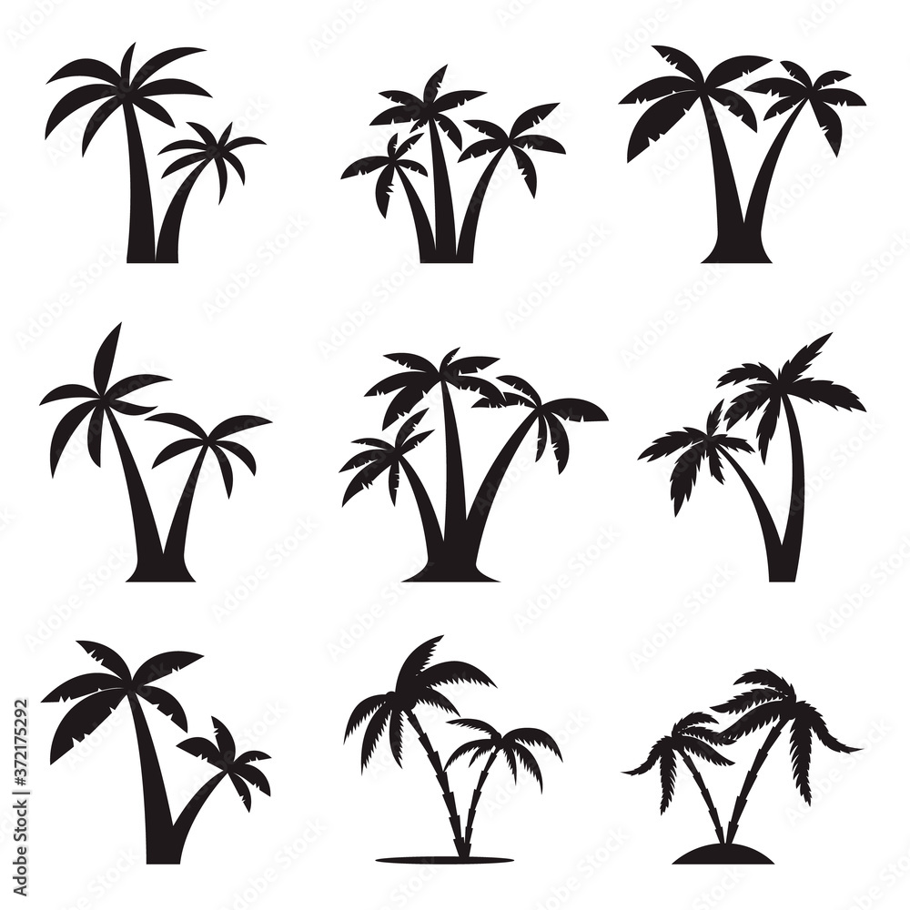 set of the icons of palm trees illustration isolated on white background. Design elements for logo, label, emblem, sign, brand mark. Vector illustration.