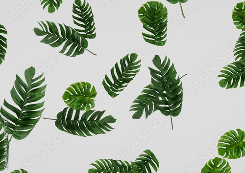 3D Realistic Render Monstera Deliciosa leaf seamless pattern. Modern tropical background with jungle plants. Green exotic pattern with monstera leaves on green or white background.