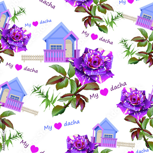 Seamless pattern of garden house, Abracadabra roses and text. My favorite dacha.