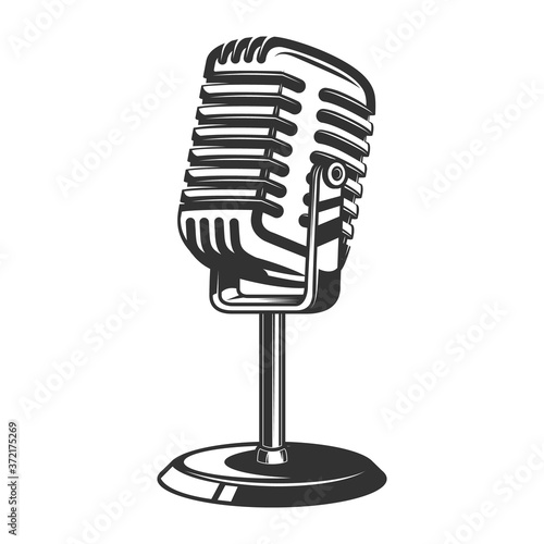 Illustration of retro microphone isolated on white background. Design element for poster, card, banner, logo, label, sign, badge, t shirt. Vector illustration