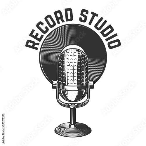 Record studio. Illustration of retro microphone with vinyl disk . Design element for poster, card, banner, logo, label, sign, badge, t shirt. Vector illustration