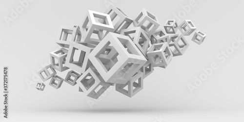 Abstraction illustration. Many white cubes of different sizes on a white background. 3d render.