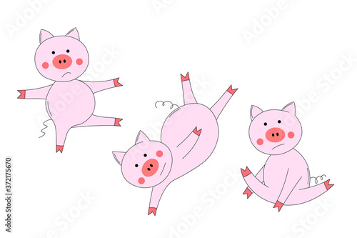 Animals set with pink cute pig. The piglet does exercises, goes in for sports. for kids. Outline vector illustration. Isolated cartoon adorable character. Template icons.