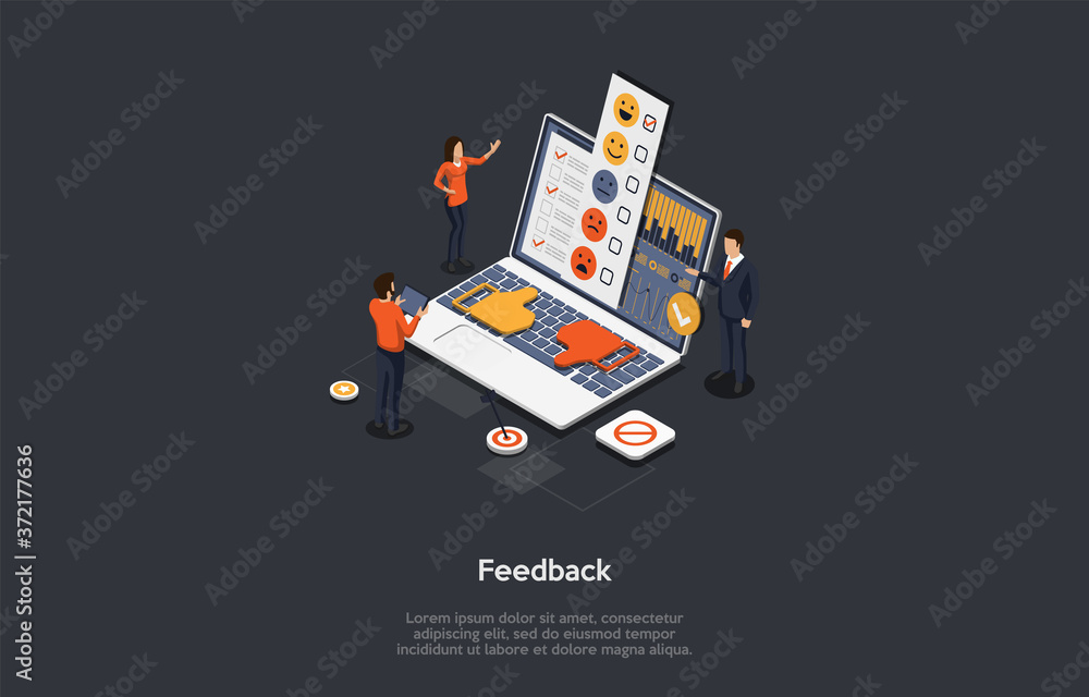 Customer Review And Feedback Concept. People Give A Review Rating. Customer Sends A Feedback With Important Insights And Issues About The Experience With A Product. 3d Isometric Vector Illustration Customer Review And Feedback Concept. People Give A Review Rating. Customer Sends A Feedback With Important Insights And Issues About The Experience With A Product. 3d Isometric Vector Illustration
