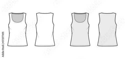 Cotton-jersey tank technical fashion illustration with relaxed fit, wide scoop neckline, sleeveless. Flat outwear cami apparel template front, back white grey color. Women men unisex shirt top mockup