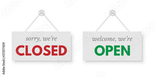 Red closed and green open signboards hanged on suction cup. Rectangular shape clipboard for retail, shop, store, cafe, restaurant. Announcement template with opportunity to visit on white background.