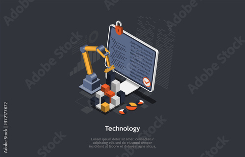 Conveyor Technology, Lifting And Material Handling Concept. The Screen Shows The Unlocked Data. The Conveing Equipment Make Possible To Move And Reverse Lifted Items. 3d Isometric Vector Illustration