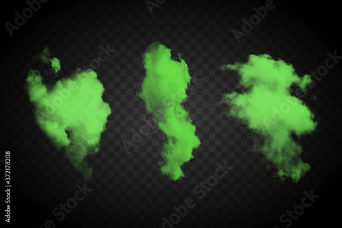 Realistic green smog isolated on black transparent background. Special mist cloudiness vector effects set. Neon bright splash design for decoration. Toxic smoke cloud, chemical haze, bad smell, fog.