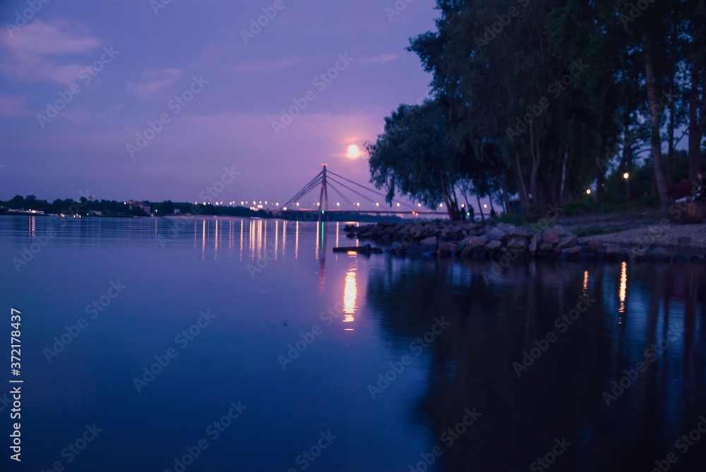 Fototapeta premium Night view of the river, moonlight, landscape, beautiful colors, evening vibes, moon reflections