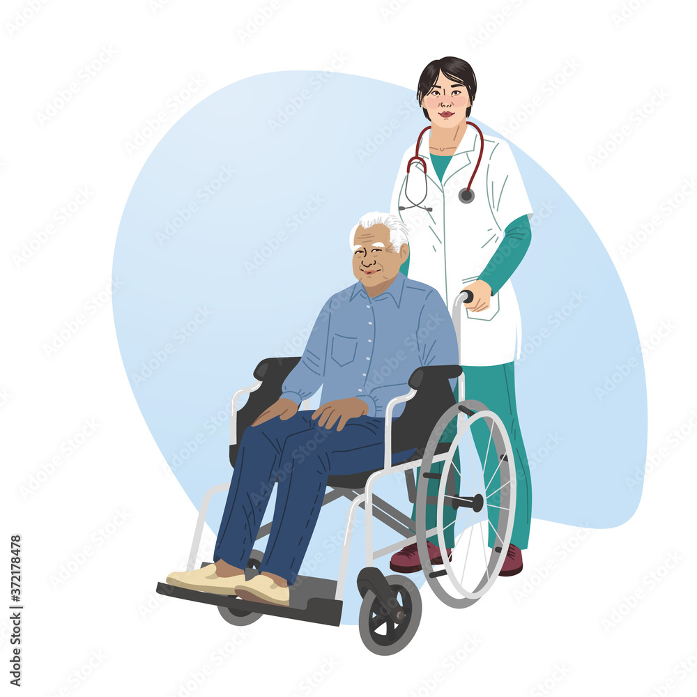 A girl nurse rolls a wheelchair with a patient. Disabled man. A girl nurse rolls a wheelchair with a patient. Disabled man.