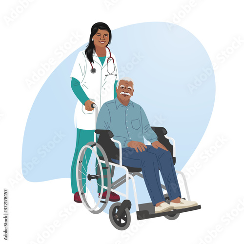 A girl nurse rolls a wheelchair with a patient. Disabled man.