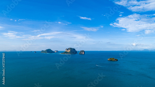 Railay beach in Thailand, Krabi province, aerial view of tropical Railay and Pranang beaches and coastline of Andaman sea from above