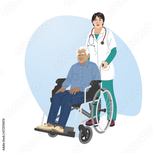A girl nurse rolls a wheelchair with a patient. Disabled man.