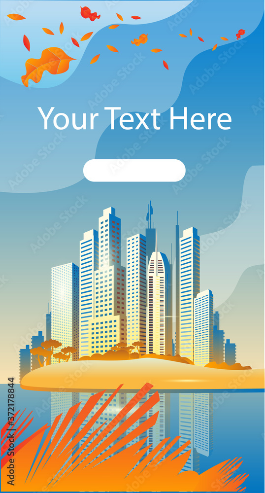 Modern skyscrapers on the river Bank. Vertical vector illustration on the theme of autumn in the city. Vertical banner template..