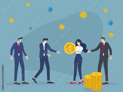 business woman entrepreneur manager take money from government and give salary to employees, virus pathogen. COVID-19 Coronavirus outbreak financial crisis help policy, government help pay salary.