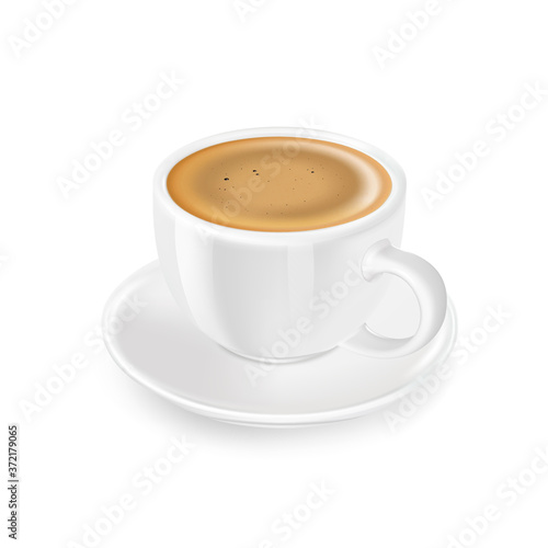 Black coffee americano, cappuccino with foam, in white cup and saucer, vector icon.