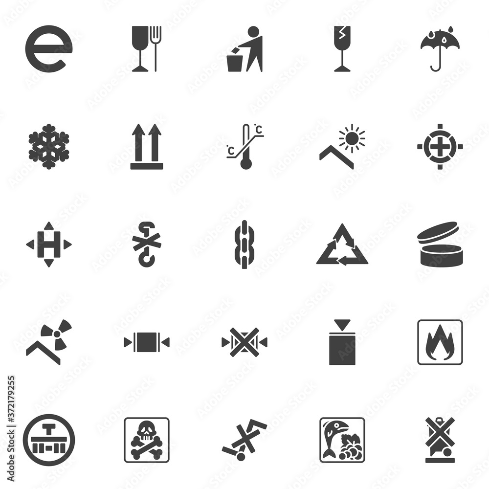Packaging signs vector icons set, modern solid symbol collection ...