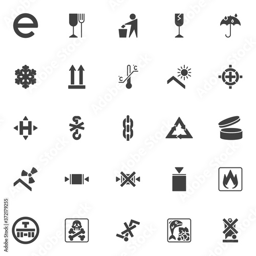 Packaging signs vector icons set, modern solid symbol collection, filled style pictogram pack. Signs, logo illustration. Set includes icons as estimated, fragile, limitation, recyclable materials