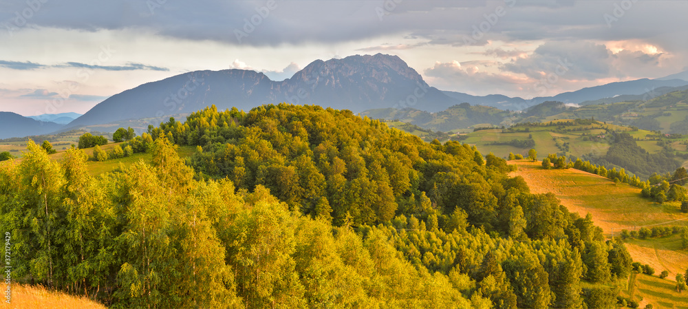 Panoramic view of the Bucegi Mountains from Holbav, Romania