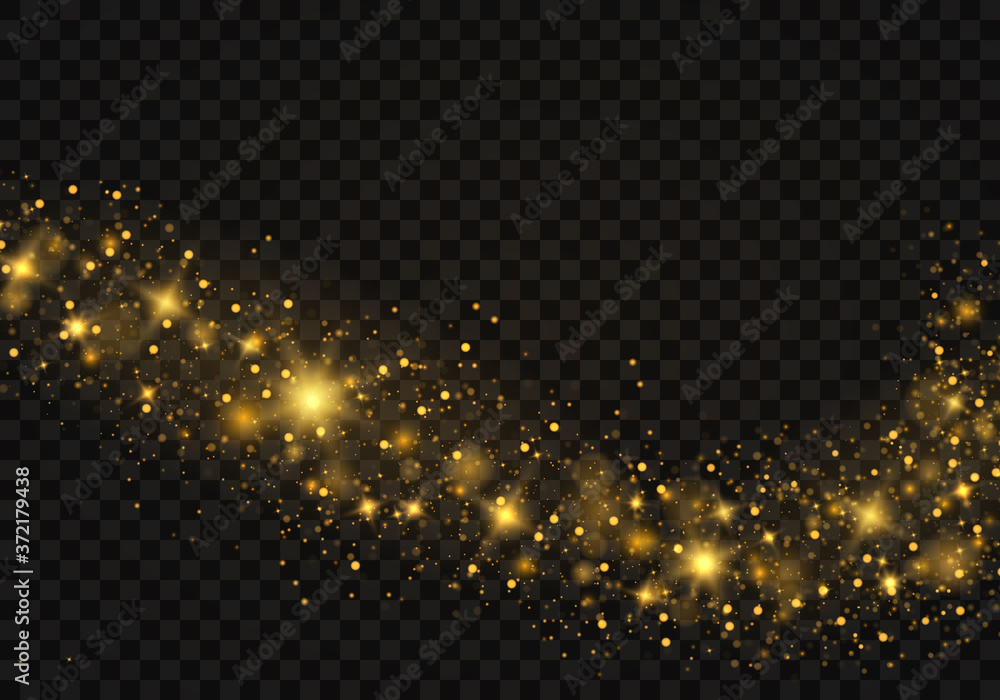 Sparkling magical dust particles, colorful lights bokeh. The dust sparks and golden stars shine with special light on a black transparent background. Golden shiny light effect. Vector sparkles.