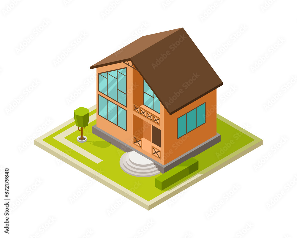 Modern architecture. City house, family modern cottage. Isometric building project, isolated 3d home vector illustration. Vector architecture home, building rural isometric project