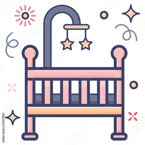 
Infant cradle with hanging toys, flat style of baby bassinet icon
