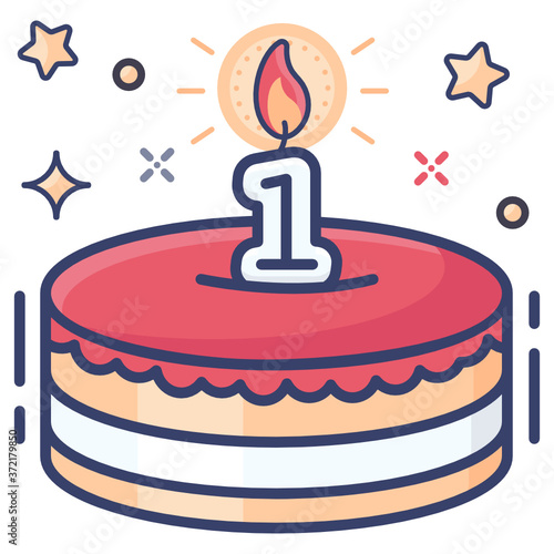 
1st birthday cake, flat design of yummy cake icon
