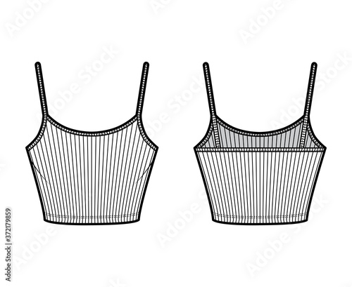 Fotografie, Obraz Ribbed cropped camisole technical fashion illustration with scoop neck, fitted knit body, waist length