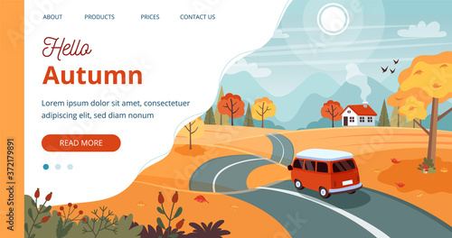 Autumn trip template. Vector illustration in flat style
