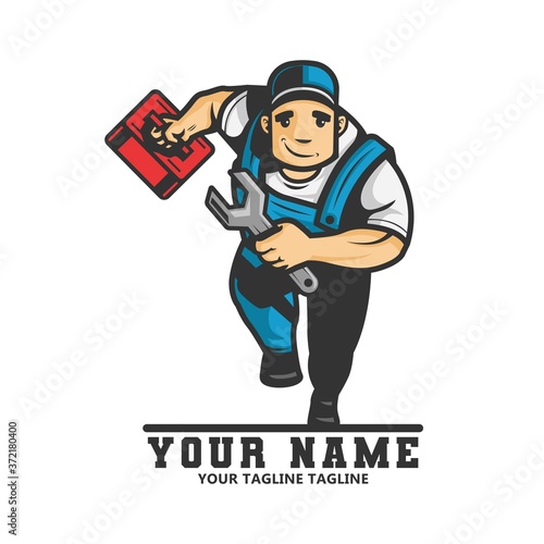 Plumber man running and carries a spanner and a box of equipment in his hand. vector illustration