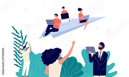 Business project launch. Startup team, IT development or new management staff. Young people with laptop fly on paper airplane. Happy woman man freelance workers, online gamers vector illustration